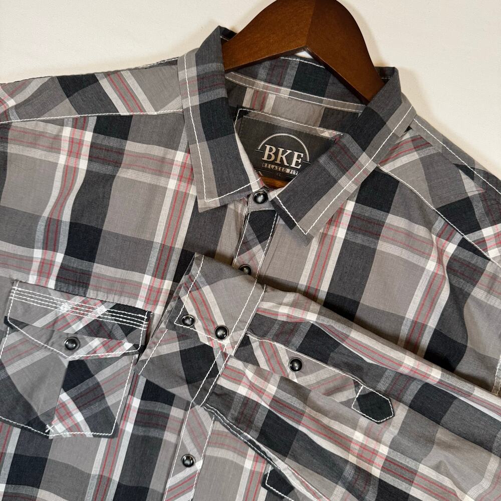 Buckle BKE Men’s XL Western Pearl Snap Shirt Relaxed Fit Plaid Gray Lightweight
